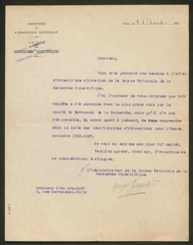 Lettre tapuscrite adressée à M. Otto Grautoff, datée du 21 août 1936