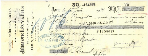 Mandat de 104,75 Francs de la Société Jérome Lévy & Fils adressé à M. Raut, daté du 30 juin 1931