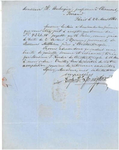 Léopold Simon KÖNIGSWARTER achète deux caisses d'opium de Turquie au doyen de la faculté des sciences (1860)