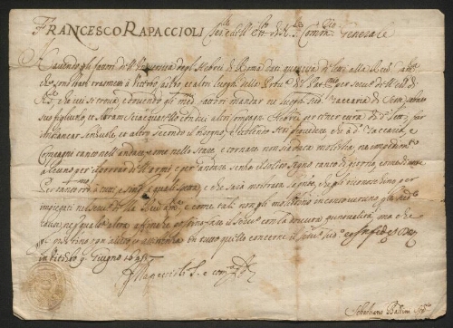 Francesco Rapacciolo ses edilli en dih e comm Generale - Laissez passer du Pape au laitier, daté du 9 juin 1643 (ou 1645)