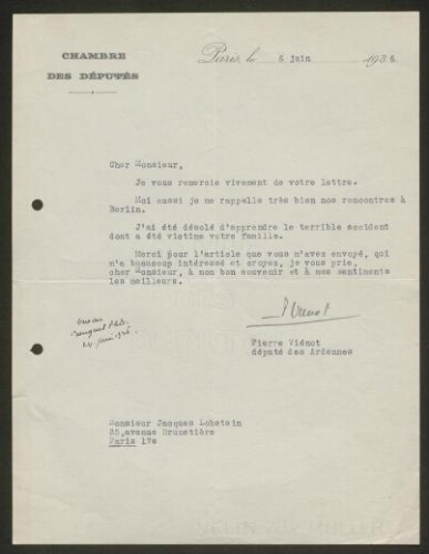Lettre tapuscrite de Pierre Viénot adressée à Jacques Lobstein, datée du 6 juin 1936