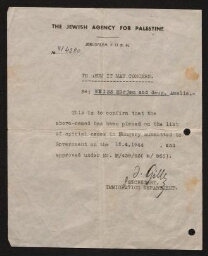  l'Agence juive tente de sauver de la déportation les Hongroises  Mirjam Weiss et sa fille Amalia, 12 avril 1944