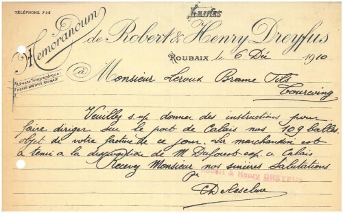Note manuscrite adressée à M. Leroux Brame Fils, datée du 6 décembre 1910
