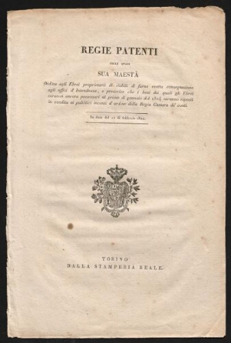 Regie Patenti - In data del 15 di febbraio 1822