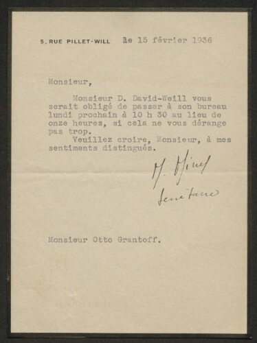 Lettre tapuscrite de la secrétaire de David Weill adressée à M. Otto Grantoff (sic), datée du 15 février 1936
