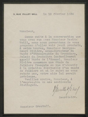 Lettre tapuscrite de la secrétaire de David Weill adressée à M. Grautoff (sic), datée du 18 février 1937