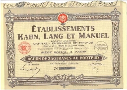 Action de 250 Francs des Etablissements Kahn, Lang et Manuel, daté du 22 octobre 1930