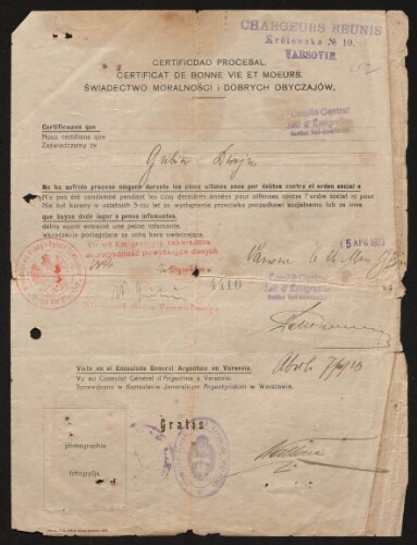 De bonne vie et mœurs selon le Comité central juif d'émigration, Gubin Dwojz peut émigrer en Argentine (1923)