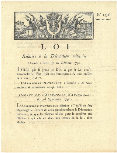 La décoration militaire et les lettres seront les mêmes pour tous les officiers, quelle que soit leur religion (1791)