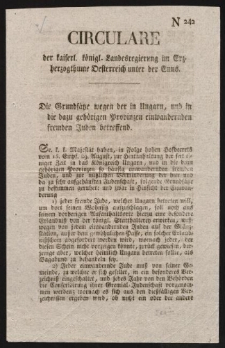 les Juifs entrés illégalement en  Hongrie sur ordre de la Chambre Basse d'Autriche 9 octobre 1806