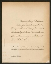 Faire part de mariage entre Henry Schilmann et Louise Pistchatsky, le 9 novembre 1933, au Temple de la rue de la Victoire