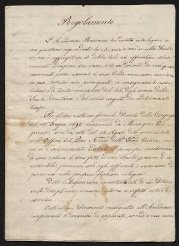 Regolamento - Copie d'un ancien règlement se trouvant dans les archives de la communauté, datée du 8 mai 1844