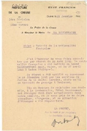 Smul Majer Magnuszewski perd la nationalité française <br />
Lettre tapuscrite du Préfet de la Creuse adressée au Maire de la Souterraine  21 janvier 1944