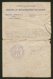 Certificat adressé à M. Jaba par la Mission de Restauration Paysanne, daté du 14 octobre 1942