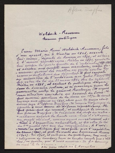 Note manuscrite à propos de Waldeck-Rousseau