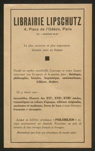 Librairie Lipschutz : la plus ancienne et plus importante librairie juive en France sd (1933)