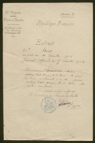 Nomination au grade de Médecin aide-major de 1ère classe du cadre auxiliaire de M. Scemama (1914)