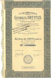Action de 100 Francs des Etablissements Georges Dreyfus, daté du 8 février 1924