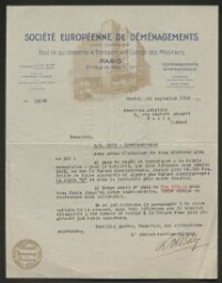 Lettre tapuscrite de la Société européenne de Déménagements adressée à M. Lobstein, datée du 26 septembre 1933
