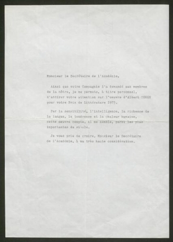 Joseph Kessel propose à l'Académie Nobel de décerner à Albert Cohen son Prix de Littérature (1972)