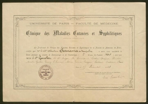 Le Dr Scemama a suivi le Cours de Dermatologie et de Vénéréologie à la faculté de médecine de Paris (1904)