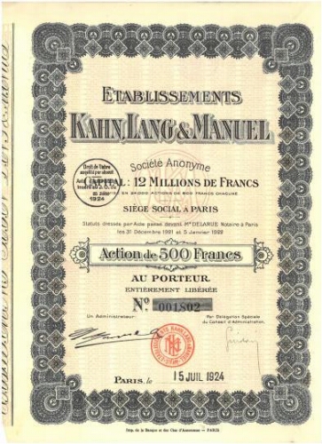 Action de 500 Francs des Etablissements Kahn, Lang & Manuel, datée du 15 juillet 1924