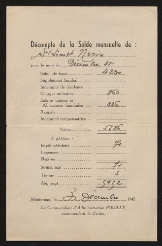 Décompte de la solde mensuelle de sous-lieutenant Nesis, datée du 31 décembre 1945