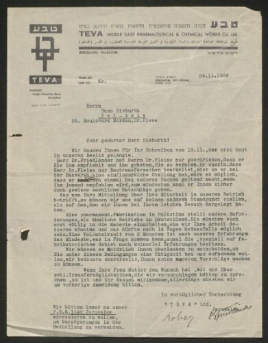 Les deux fondateurs de  Teva tentent de faire sortir la femme de Hans Sieburth (ou Dr. Riese), d'Allemagne  24 novembre 1936
