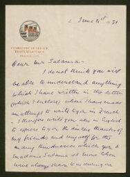 Lettre manuscrite de S. R. Thorpe adressée à Salomon Salama, datée du 21 juin 1931