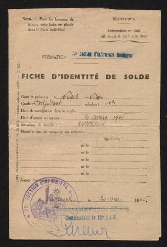 Fiche d'identité de solde au nom de Nesis Nison, remise le 20 mars 1945
