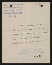 Attestation d'affectation temporaire du médecin auxiliaire Nesis aux salles militaires de l'hôpital de Montereau, datée du 21 juin 1945