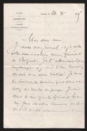 Lettre manuscrite à en-tête de la Cour de Cassation (24 octobre 1915)