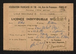 Licence individuelle de la Ligue Régionale d'île de France délivrée à Nison Nesis, datée de l'année 1951