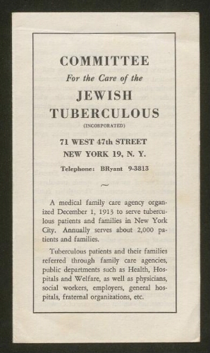 Les Juifs de New York aident les tuberculeux 