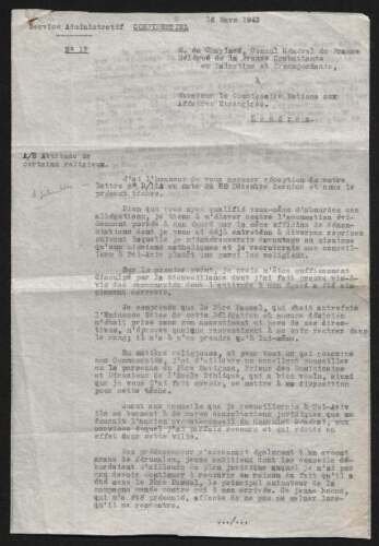 Le consul du Chaylard aux Affaires étrangères à Londres: "Je tiens à m'élever contre l'accusation (…) suivant laquelle je m'intéresserais davantage au sionisme qu'aux missions catholiques" (1943)