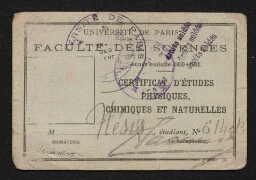 Carte d'inscription au certificat d'études physiques, chimiques et naturelles au nom de Nison Nésis, daté de l'année scolaire 1930-1931