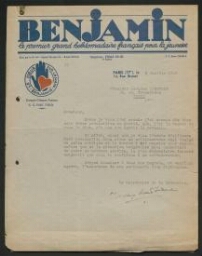 Jacques Lobstein cherche un emploi ou une mission pour le journal Benjamin (janvier 1936)