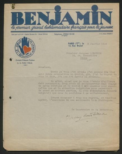 Jacques Lobstein cherche un emploi ou une mission pour le journal Benjamin (janvier 1936)
