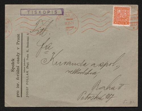 Enveloppe timbrée à en-tête de la "Spolek pro isr. Feralni osady v Praze" adressée à Kuranda illisible, datée du 17 mars 1935