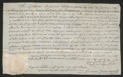 Noi Cittadini Difensori del monte Sanita VI ever. Di Ferrara, document manuscrit sur parchemin daté du 12 septembre 1797