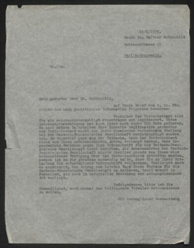 Lettre tapuscrite adressée à Dr. Walther Rothschild, datée du 12 juin 1933
