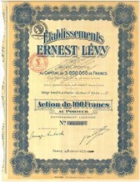 Action de 100 Francs des Etablissements Ernest Lévy, daté du 31 janvier 1925