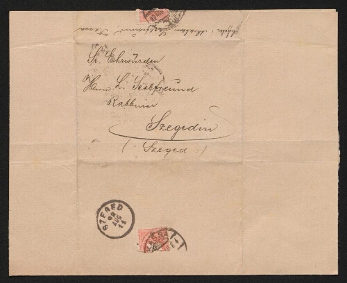Lettre manuscrite de Sr. Ehrourden adressée au Rabbin Haïm L. Sedfreund à Szeged, datée du 11 août 1892