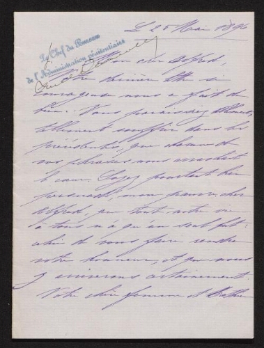 Lettre manuscrite de Suzanne et Mathieu Dreyfus, adressée à Alfred Dreyfus à l'île du Diable, datée du 25 mai 1896