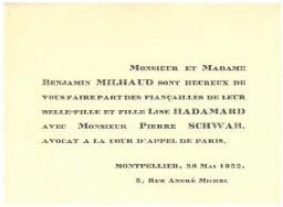 Benjamin Milhaud maire juif de Montpellier et son épouse annoncent les fiançailles de leur nièce Lise Hadamard ,30 mai 1932
