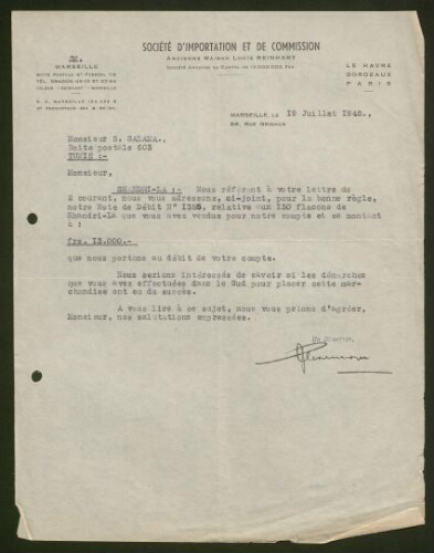 Lettre tapuscrite de la Société d'Inportation et de Commission, datée du 19 juillet 1949