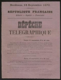 Crémieux, ministre de la justice  fait appel au "patriotisme des populations pour élever contre l'invasion étrangère un rempart inexpugnable", datée du 14 septembre 1870