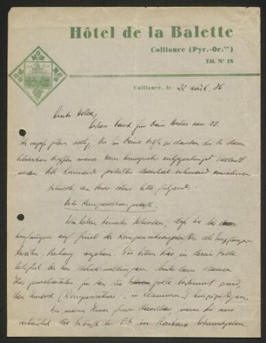 Lettre manuscrite adressée à Hella (Lobstein), datée du 22 août 1936