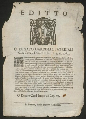 Edit pontifical interdisant  de perturber la vie des juifs  de Ferrare dans le ghetto de nuit comme de jour , 21 juin 1693
