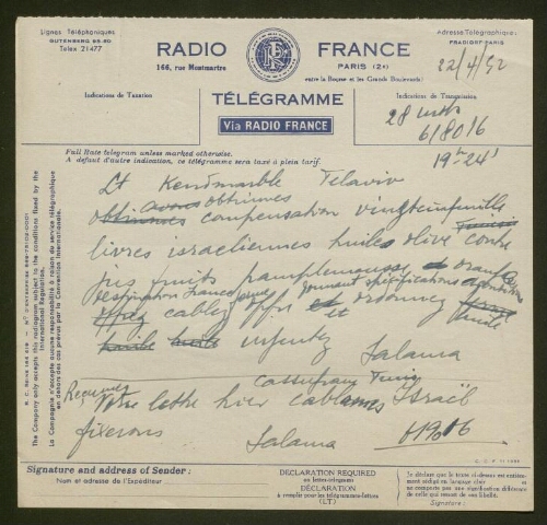 Télégramme de Salama adressé au Lieutenant Kendmarble, daté du 22 avril 1952